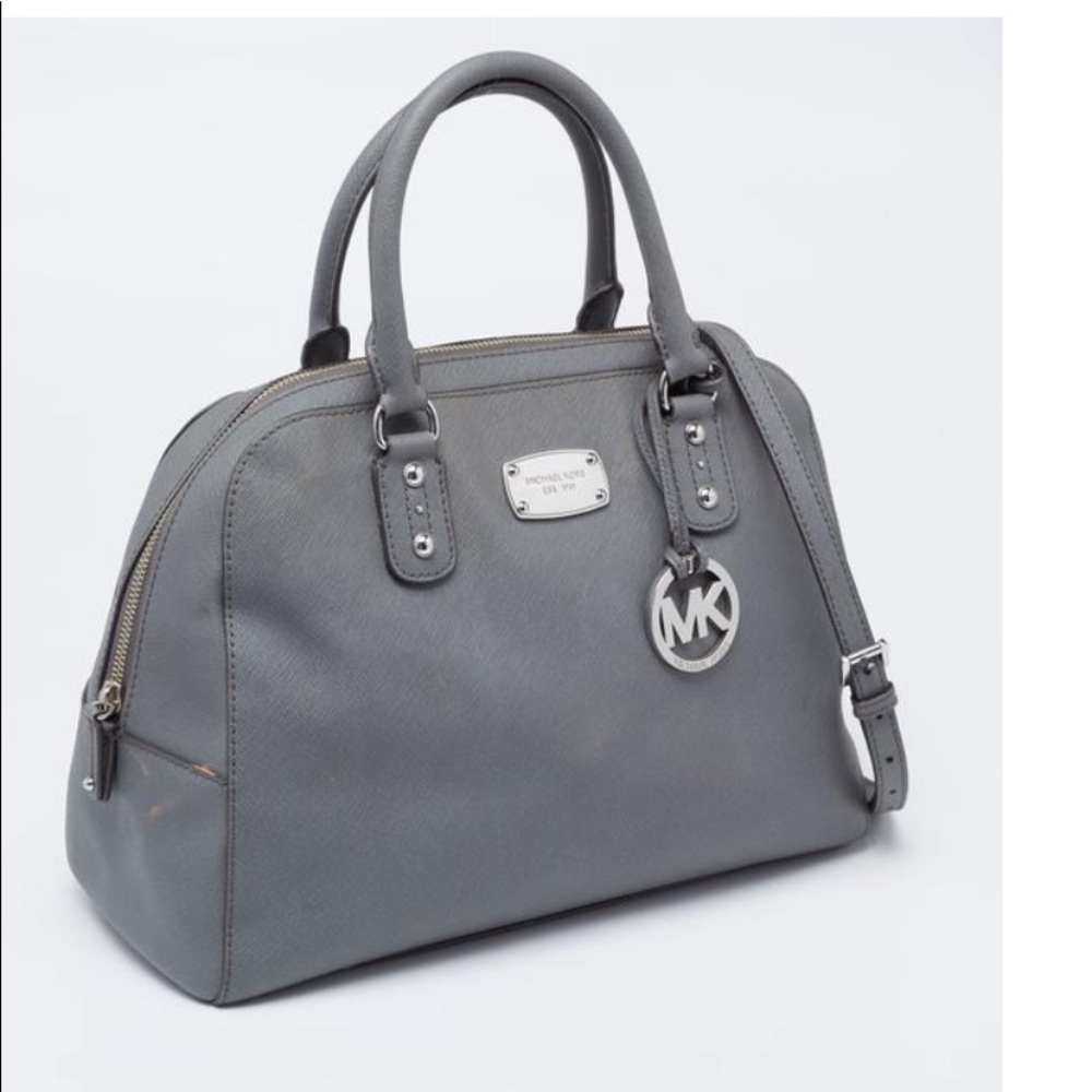 Sale MICHAEL KORS Gray Leather Dome Shoulder Bag Purse Double Handle Satchel